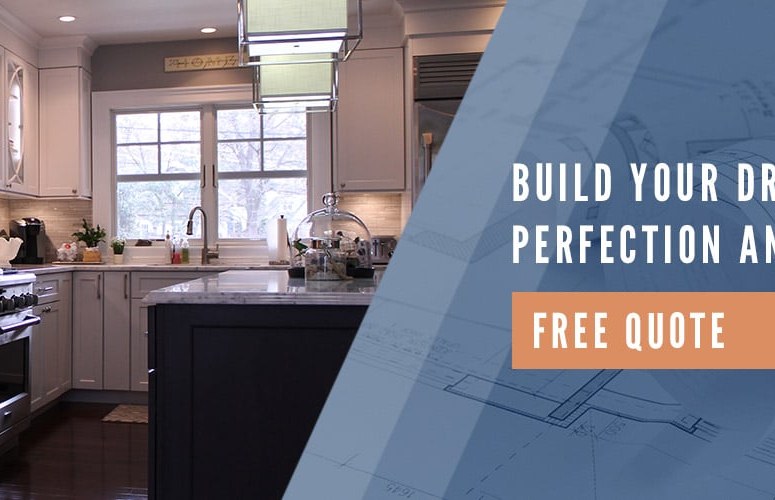 Modern kitchen remodel with blueprint overlay and free quote call-to-action for dream construction project